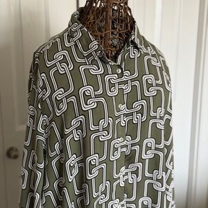 Olive Green Geometric Print Button-Up Shirt Dress